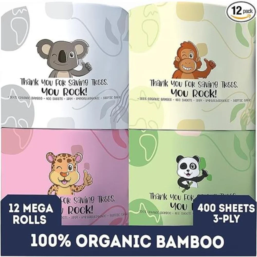 Organic Bamboo Toilet Paper | 400 Sheets 3-Ply | 12 Hypoallergenic Mega Rolls